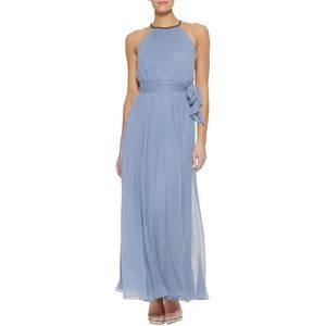 Dkny Dusty Blue Halter Neck Chiffon Gown